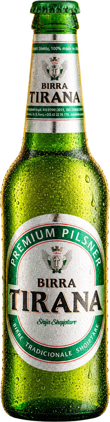 Shishe Birra Tirana Premium Pilsner 0,50 L, e ftohtë, me pika uji